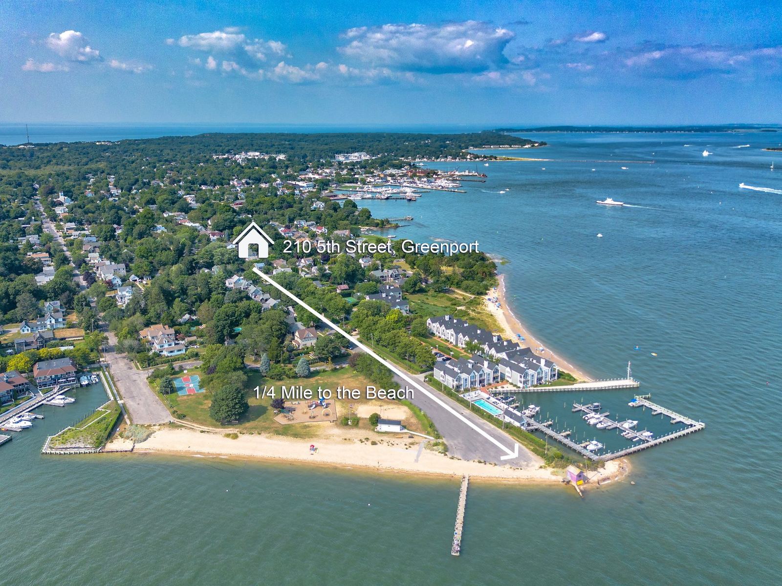 Aerial of 210 5th Street, Greenport — three blocks to the harbor, a quarter-mile to the beach